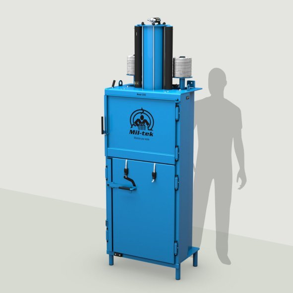 Presse à balles verticale Mil-tek 2205 pour carton et plastique, avec silhouette de référence