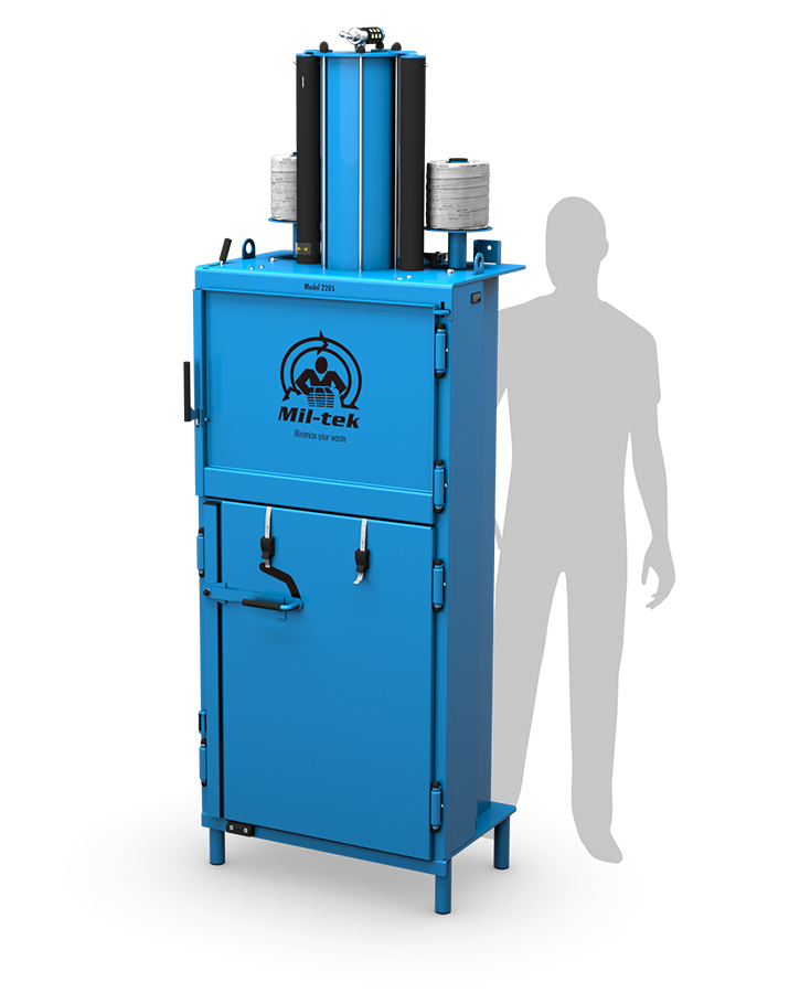 Presse à balles verticale Mil-tek 2205 pour carton et plastique, avec silhouette de référence