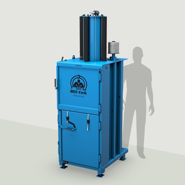Presse à balles verticale Mil-tek 2305 pour carton et plastique, avec silhouette de référence