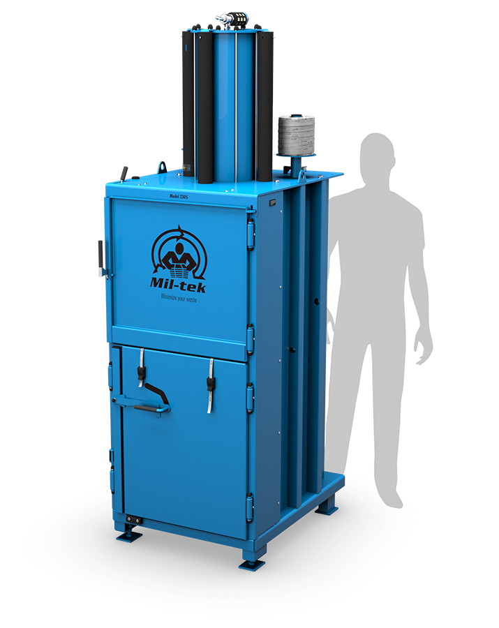Presse à balles verticale Mil-tek 2305 pour carton et plastique, avec silhouette de référence