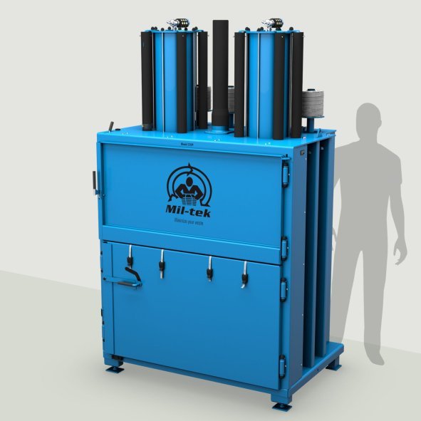 Presse à balles verticale Mil-tek 2509 pour carton et plastique, avec silhouette de référence