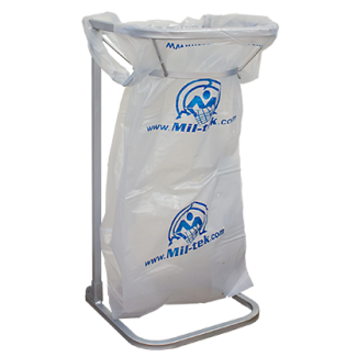 Support Mil-tek en métal avec sac perforé blanc de 125 litres monté