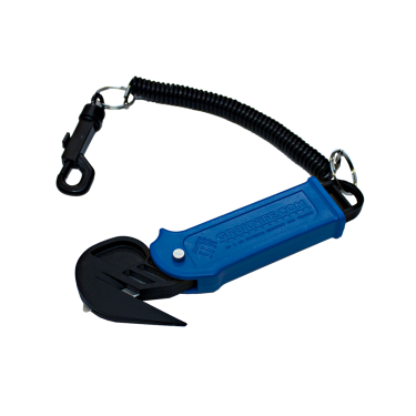 Couteau de sécurité GR8Knife avec manche bleu, lame rétractable et cordon de sécurité spiralé