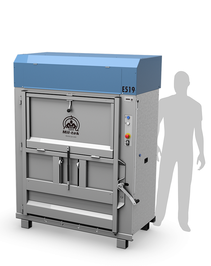 Presse à balles E519 bleue avec silhouette humaine à côté