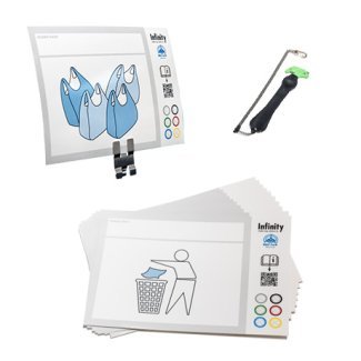 Kit complémentaire Infinity comprenant un panneau d'affichage avec clips, un couteau de sécurité et des fiches d'instructions illustrées pour le tri des déchets