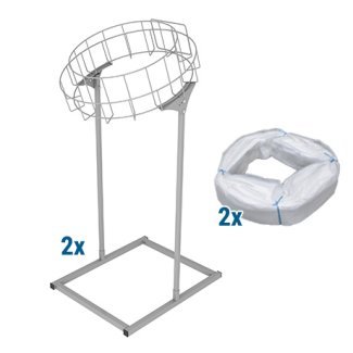 Kit de 2 supports Infinity XL circulaires en métal avec panier rond et base carrée, accompagnés de 2 cartouches de sacs blancs compatibles