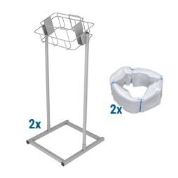 Kit de 2 supports Infinity carrés sur pied en métal avec panier carré et base carrée, accompagnés de 2 cartouches de sacs blancs compatibles