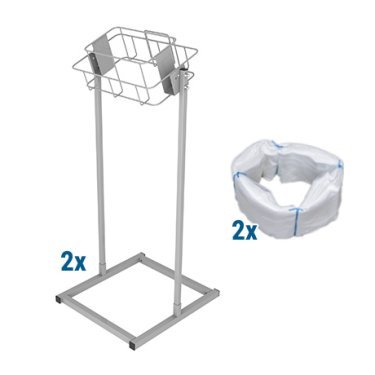 Kit de 2 supports Infinity carrés sur pied en métal avec panier carré et base carrée, accompagnés de 2 cartouches de sacs blancs compatibles