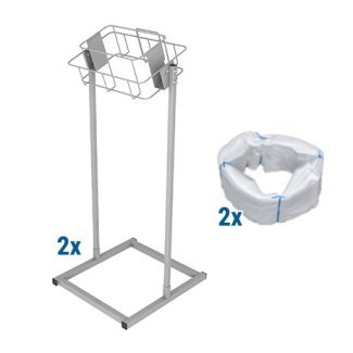 Kit de 2 supports Infinity carrés sur pied en métal avec panier carré et base carrée, accompagnés de 2 cartouches de sacs blancs compatibles