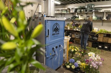 Presse à balles A102 bleue pour carton et plastique dans une boutique de fleurs entourée de plantes vertes