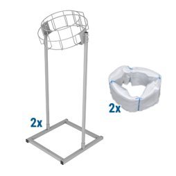 Kit de 2 supports Infinity circulaires sur pied en métal avec panier rond et base carrée, accompagnés de 2 cartouches de sacs blancs compatibles