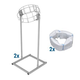 Kit de 2 supports Infinity circulaires sur pied en métal avec panier rond et base carrée, accompagnés de 2 cartouches de sacs blancs compatibles